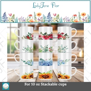 Watercolor Flower Mug Design Bundle – Sunflower, Eucalyptus, Camellia (PNG Wraps)
