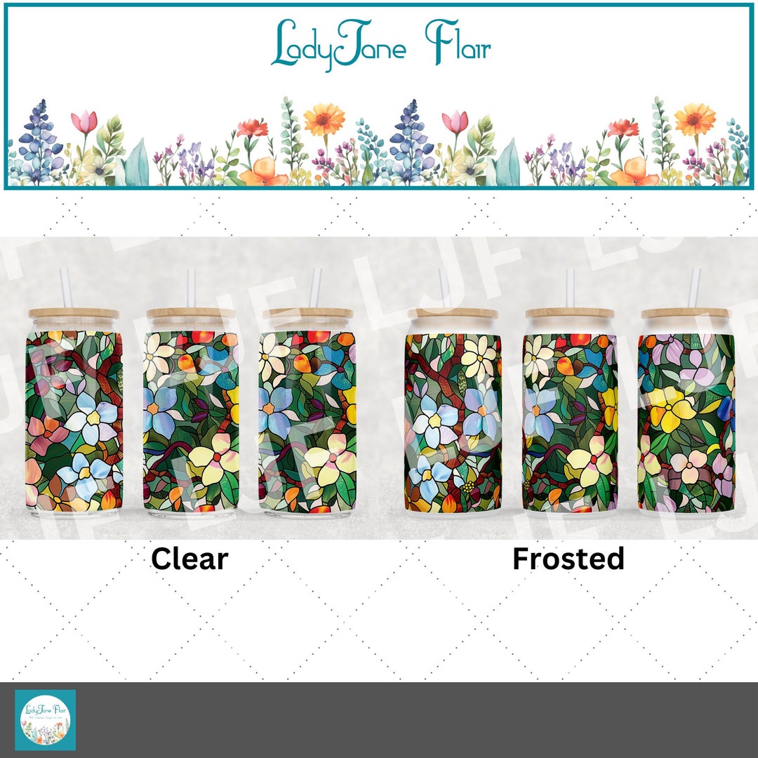 Stained Glass Flowers Can Wrap, 16oz Libbey Tumbler Sublimation Design ...