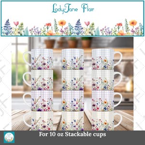 Wildflower Lattice Mug Designs – 10oz Stackable, Sublimation PNG (Digital Download)