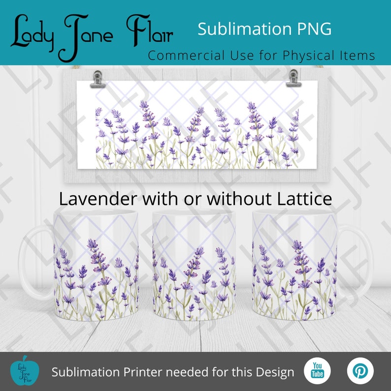 Watercolor Lavender Mug Design – Sublimation Template (12oz and 15oz) image 1