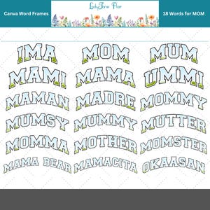 May include: A set of 18 printable word art designs for Mother's Day. The words are in a variety of styles and fonts, with a green and blue color scheme. The words include "Mom", "Mama", "Mommy", "Mummy", "Mother", "Mami", "Maman", "Madre", "Ummi", "Mutters", "Okasan", "Momma", "Mumsy", "Momster", "Mamacita", and "Mama Bear".