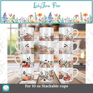 10 oz Stackable Watercolor Fall Harvest Mug and Coaster Designs for Sublimation - Mug Template 10oz - Matching Square and Round Coasters PNG