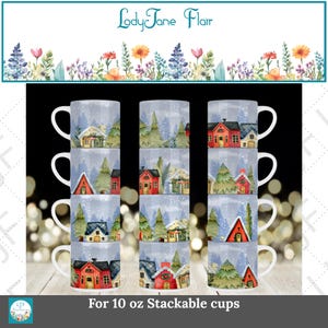 Diseños de sublimación de tazas de pueblo navideño en acuarela (PNG, PDF)