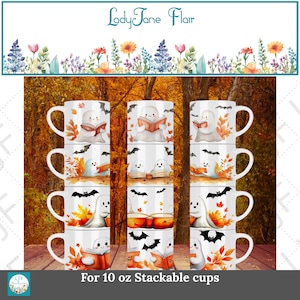 May include: White ceramic mugs with a Halloween theme. Each mug features a cute ghost reading a book, with bats and autumn leaves. The mugs are stackable and hold 10 oz.