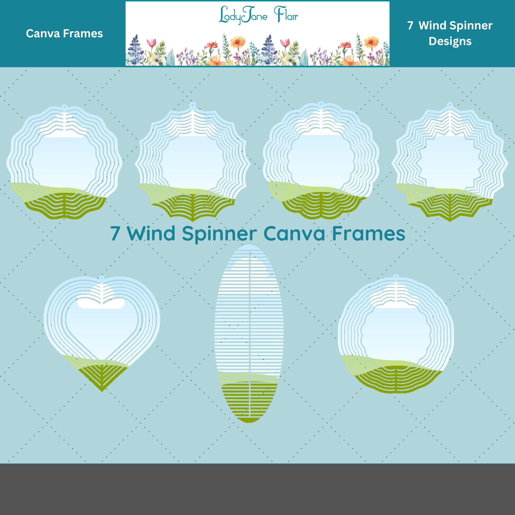 Plantillas de diseño de molinillos de viento, marcos rellenables de Canva, con forma de corazón, zigzag, festoneado y más, descarga instantánea de PDF digital.