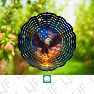 Aquarel Amerikaanse adelaar en vlag windspinner PNG-sublimatieontwerp, met sterren gevulde nachtelijke hemel, digitale download, tuindecor