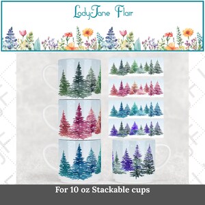 Watercolor Pine Tree Mug Sublimation Designs – Colorful Winter Trees (PNG/PDF)
