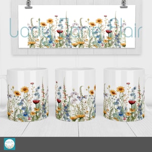 2 Watercolor Wildflower Mug Designs for Sublimation - Mug Sizes 12oz and 15oz - Wildflower Flower Border PNG - Wildflower Flower Background