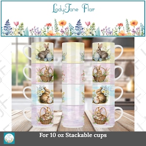 Disegni per tazze pasquali ad acquerello, coniglietti, fiori, 10 once (sublimazione digitale)