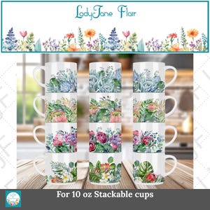 10 oz Stackable Watercolor Protea Edged Mug Design Collection for Sublimation - Mug Template 10oz - Blue, Pink, Coral, Tropical Protea Wraps