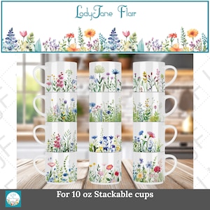 Sublimeringsmugg med akvarellmotiv, vildblommor och trädgårdsmuggar, stapelbara mallar (PNG, PDF)