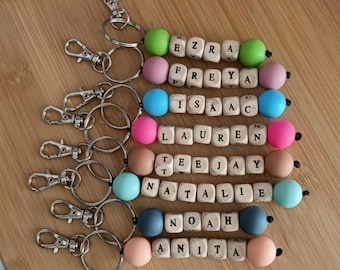 Personalised Name Keyring – Wooden Beads, Bag Tag, Teacher Gift