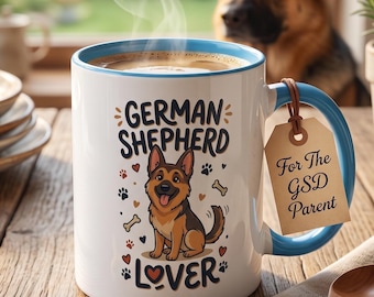 Tazza per amanti dei pastori tedeschi / Tazza da caffè con cane dei cartoni animati / Tazza in ceramica con bordo colorato / 11 oz e 15 oz