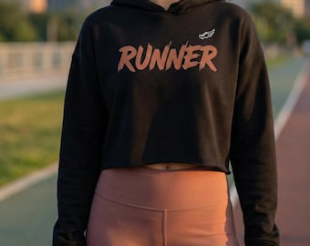 Runner Cropped Hoodie - Raw Hem Workout Pullover - Urban Streetwear Graphic Sweatshirt - Marathon Gift for Her - Gym Top