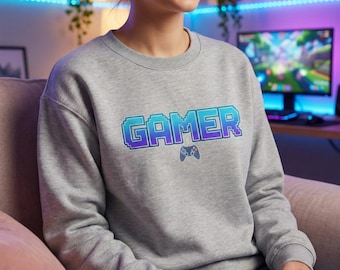 Retro Pixel Gamer Oversized Sweatshirt - Y2K Aesthetic Unisex Pullover - Pastel Blue and Purple Gradient Gaming Top - Video Game Lover Gift