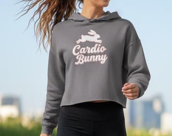 Cardio Bunny Cropped Hoodie - Gym Wear - Pastel Pink & White Workout Pullover - Fitness Gift for Her - Aesthetic Athletics Crop Top