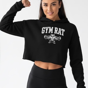 Gym Rat Cropped Hoodie för kvinnor, Distressed Muscle Mouse Fitness Sweatshirt, Rolig Workout Tröja, Rå Fåll Pump Cover, Bodybuilding Present