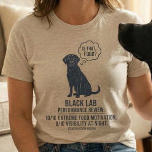 Pu&ograve; includere: T-shirt grigio chiaro con grafica di labrador nero e testo "IS THAT FOOD?" e "BLACK LAB PERFORMANCE REVIEW: 10/10 EXTREME FOOD MOTIVATION, 0/10 VISIBILITY AT NIGHT." La persona indossa jeans blu.