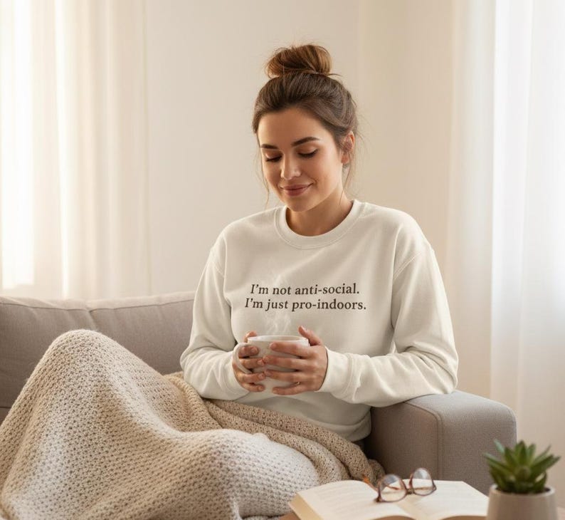 Funny Introvert Oversized Sweatshirt | Pro Indoors Heavyweight Crewneck | Minimalist Sweater | Cozy Homebody Gift | Aesthetic Text Hoodie image 1