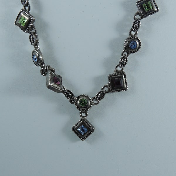 Vintage Multi Color Stones Silver Tone Necklace Stamped PD With Crown and Reef " ( Contact Seller Before Purchase )"