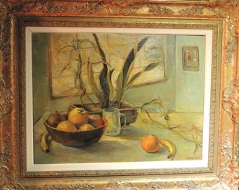Original Florence V Mercolino Graziano Acrylic Oil Painting.  Title:  Still Life, Basket and Oranges