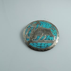 Antieke Sterling Zilveren Matador En Bull Turquoise Broche, Hangend Mexico Getaxeerd