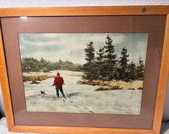 Original Frank E. Buffmire Watercolor Painting -  Large 32' x 25'Framed Mid-Century Sporting Art - Hunter In The Snow. Signed Original Art