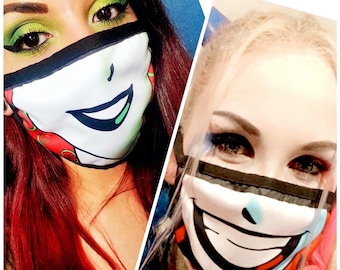 Poison Ivy Harley Quinn Valentines Bundle Face Mask | DC | Joker | 90s | animated | Reusable | Washable | Teeth | for men women | smile