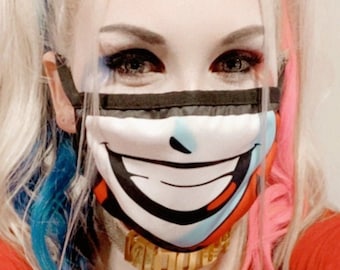 Harley Quinn Face Mask | DC | Joker | 90s | animated | Reusable | Washable | Teeth | for men women | smile | Harlequin | Clown smile dust