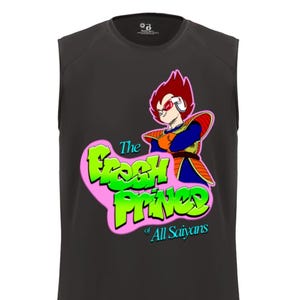 May include: A black sleeveless shirt featuring a cartoon graphic of a character with red hair and sunglasses. The graphic includes the text "The Fresh Prince of All Saiyans" in green and pink lettering.