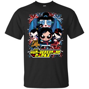 May include: Black t-shirt with a graphic of the Powerpuff Girls dressed as Mulan characters. The text "The Hun-Defeating Girls" is printed below the characters.