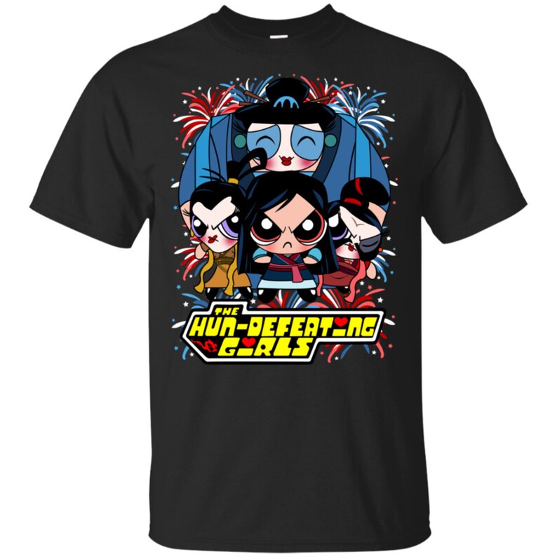 May include: Black t-shirt with a graphic of the Powerpuff Girls dressed as Mulan characters. The text "The Hun-Defeating Girls" is printed below the characters.