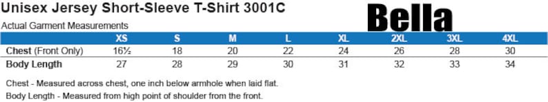May include: Size chart for a unisex short-sleeve t-shirt, showing chest and body length measurements in inches for sizes XS to 4XL.