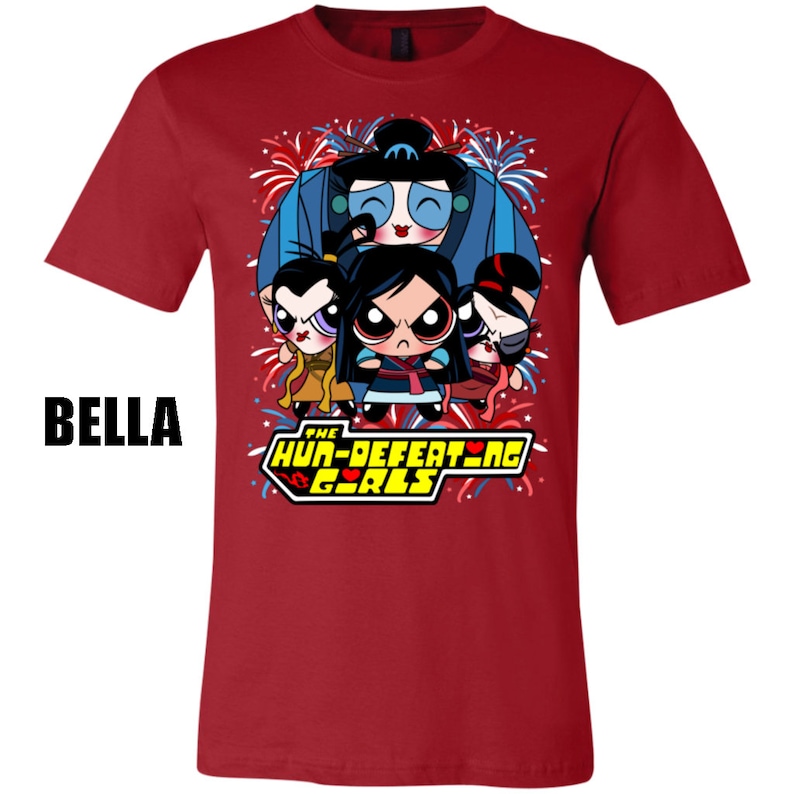 May include: Red t-shirt with a cartoon image of four girls in traditional Chinese clothing. The girls are surrounded by fireworks and the text "The Hun-Defeating Girls" is printed below them.