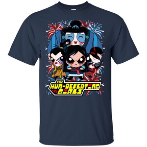 May include: A navy blue t-shirt with a graphic of the Powerpuff Girls dressed in traditional Chinese clothing. The graphic includes fireworks and the text "The Hun-Defeating Girls".