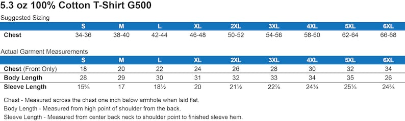 May include: Size chart for a 5.3 ounce 100% cotton T-shirt, showing chest, body length, and sleeve length measurements in inches for sizes S through 6XL.