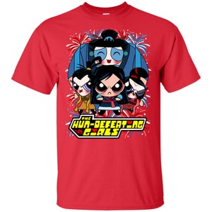 May include: Red t-shirt with a graphic of the Powerpuff Girls in their superhero outfits. The text "The Hun-Defeating Girls" is printed in yellow with red hearts. The background is a red, white, and blue fireworks design.