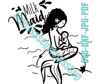 Milk Maid Nursing Breastfeeding Curly Hair Mermaid with baby SVG DXF file