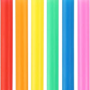 May include: Six colorful plastic drinking straws in red, orange, yellow, green, blue, and pink.