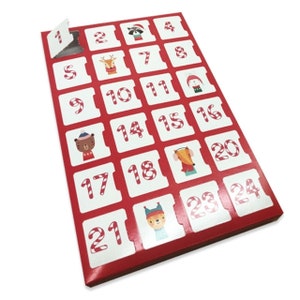 May include: A red Christmas advent calendar with 24 numbered doors. Each door features a white number with a candy cane design. Various cartoon animals are illustrated on the doors, including a raccoon, deer, and fox.