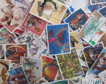 Vintage GB Christmas Postage Stamps | 25 | Off Paper | Used Postage Stamps | For Journals, Collage, Upcycle, Craft, Cards, Tags