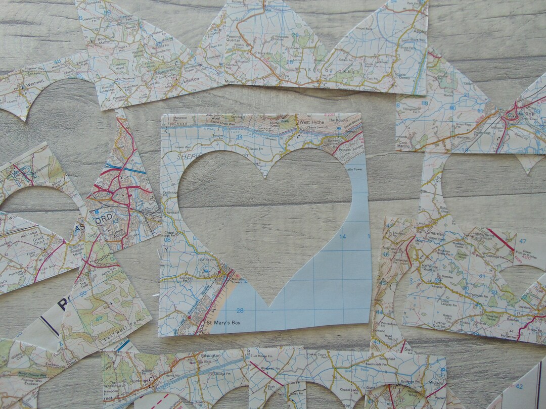 Decoupaged Heart Map Vintage Map Heart Cut Outs Pack of 10 for Card Making Journaling ...