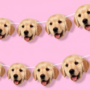 May include: A string of smiling golden retriever puppy faces against a pink background. Each puppy head is attached to a white string, creating a festive banner. The puppies have light brown fur and their tongues are visible.