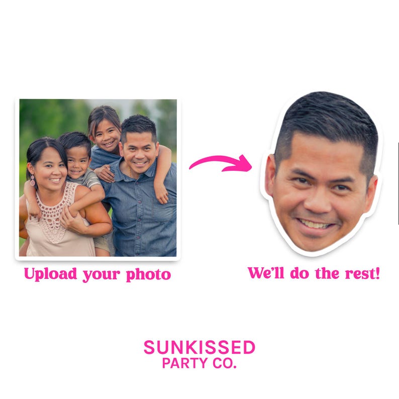 May include: A promotional image for a custom face cutout service. The image shows a family photo next to a cutout of the father's face. Text includes "Upload your photo" and "We'll do the rest!" with the company name "Sunkissed Party Co."