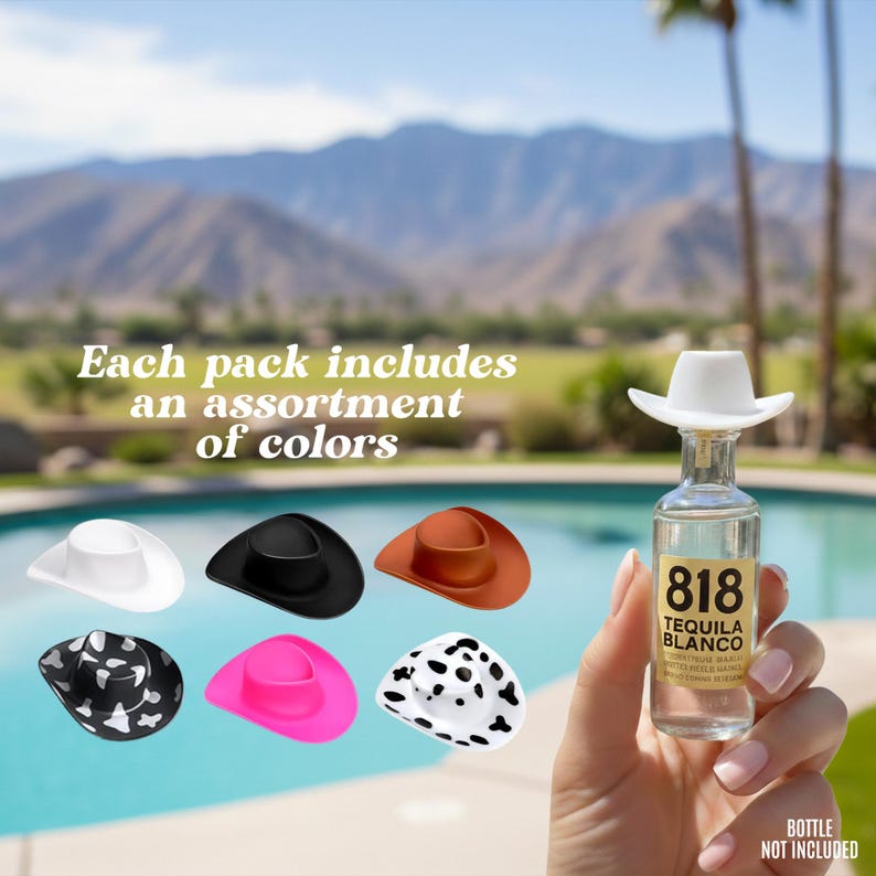 May include: Miniature cowboy hat bottle stoppers in white, black, brown, pink, and patterned designs. The image includes a bottle of tequila with a white cowboy hat stopper. Text reads: "Each pack includes an assortment of colors."