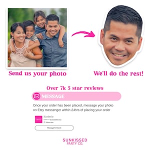 May include: A pink and white graphic with the text "Send us your photo" and "We'll do the rest!" with an arrow pointing from the left image to the right image. The left image shows a family of four, a woman, a man, and two children. The right image shows a man's face. The graphic also includes the text "Over 7k 5 star reviews" and a pink button with the text "MESSAGE". The text below the button reads "Once your order has been placed, message your photo on Etsy messenger within 24hrs of placing your order". The graphic also includes a pink box with the text "Kimberly" and "Follow shop" and a button with the text "Message Kimberly". The graphic ends with the text "SUNKISSED PARTY CO."