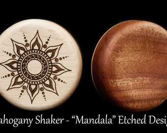 Round Pocket Shaker, Mandala Design, Mahogany Wood, Handcrafted Percussion Shaker Instrument