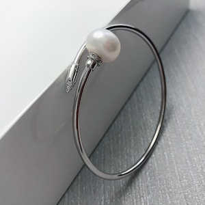 Sterling Silver Pearl Bangle bracelet, freshwater pearl bangle, real pearl bangle, Open silver Bangle, women’s bangle silver bracelet.