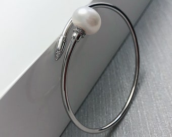Sterling Silver Pearl Bangle bracelet, freshwater pearl bangle, real pearl bangle, Open silver Bangle, women’s bangle silver bracelet.