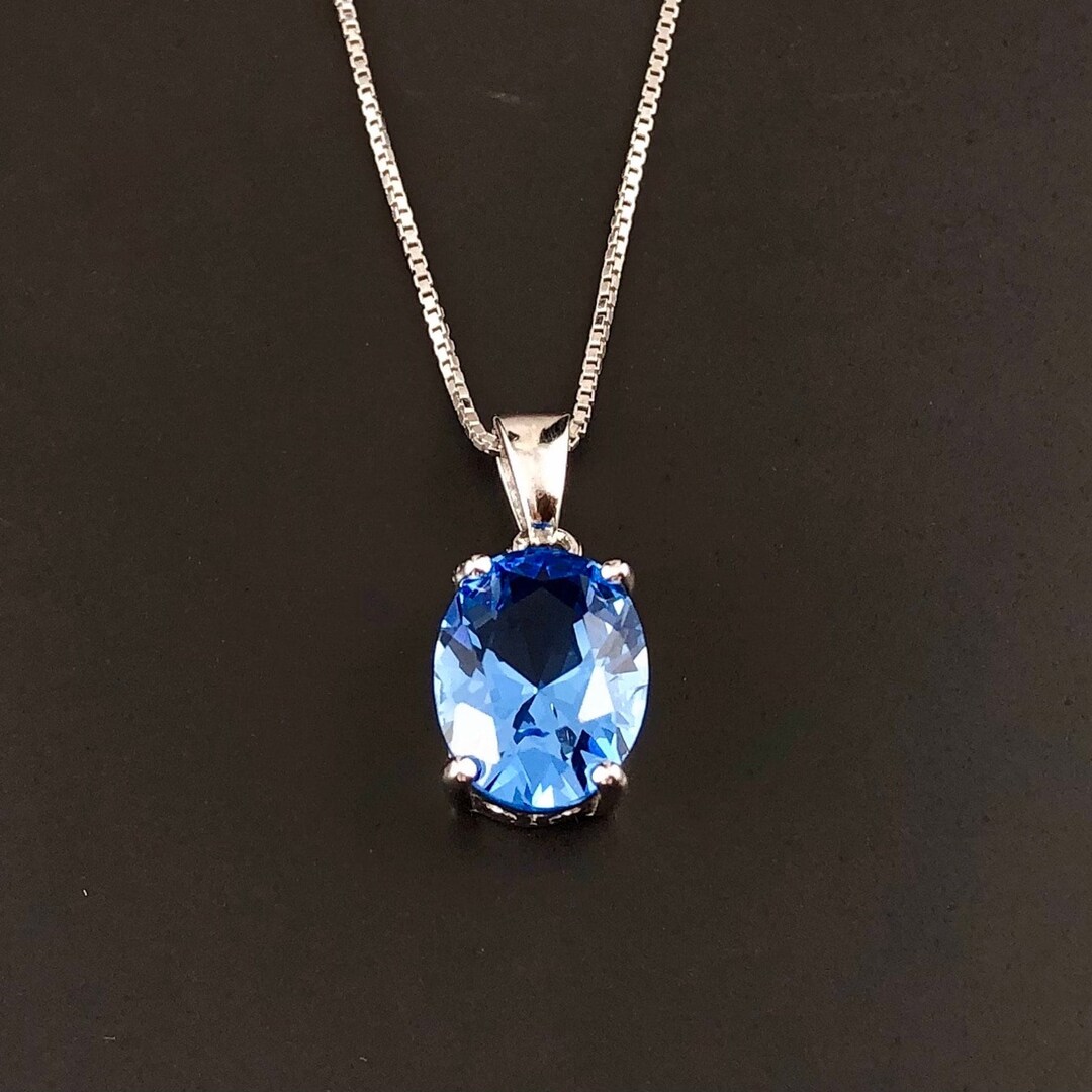 Blue Topaz Necklace, Sterling Silver Oval Necklace, Gemstone